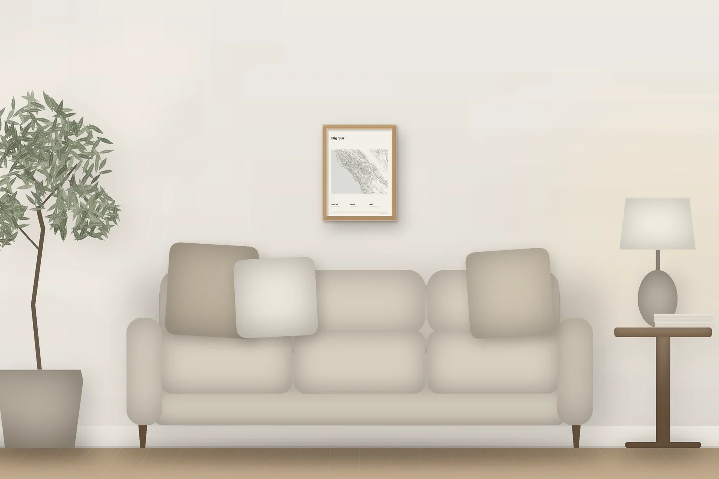 Big Sur (12 × 16 pulg · Roble natural · Marfil y grafito) sobre el sofá de un salón — vista previa digital ilustrativa, no es una foto