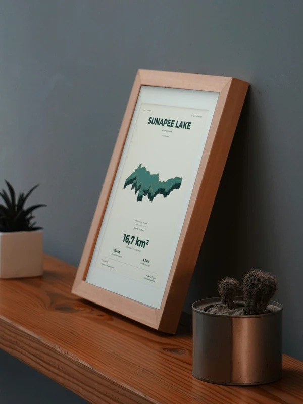 Œuvre Sunapee Lake intégrée numériquement dans un cadre, sur une tablette auprès de plantes. Encadrement et proportions indicatifs.