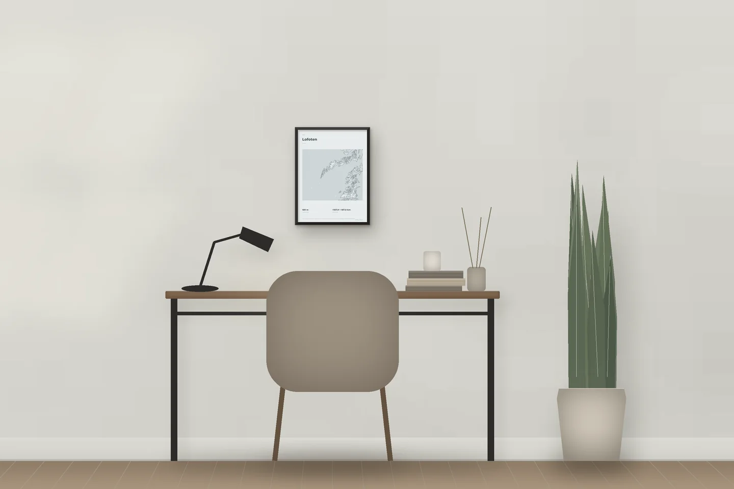 Lofoten (12 × 16 po · Métal noir · Brume et étain) au-dessus d’un bureau — aperçu numérique illustratif, pas une photo