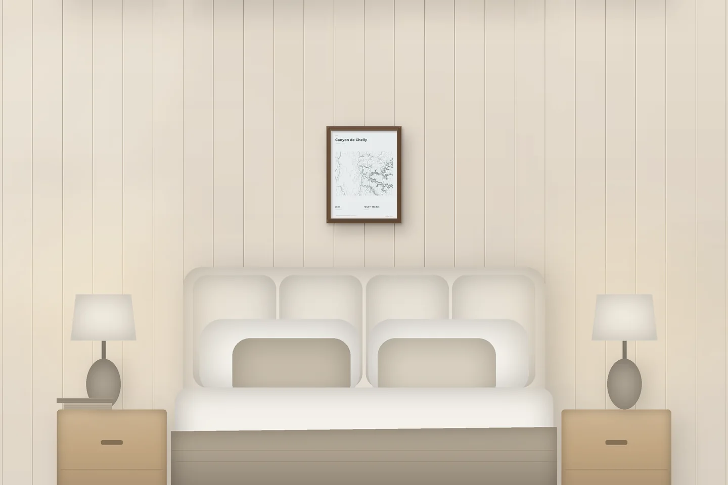 Canyon de Chelly (12 × 16 in · Walnut oak · Mist & Pewter) above a bed in a chalet bedroom — illustrative digital preview, not a photo