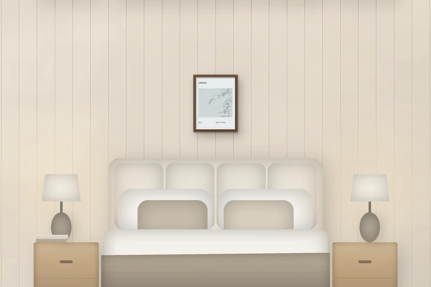 Lofoten (12 × 16 po · Chêne noyer · Brume et étain) au-dessus d’un lit, dans une chambre de chalet — aperçu numérique illustratif, pas une photo