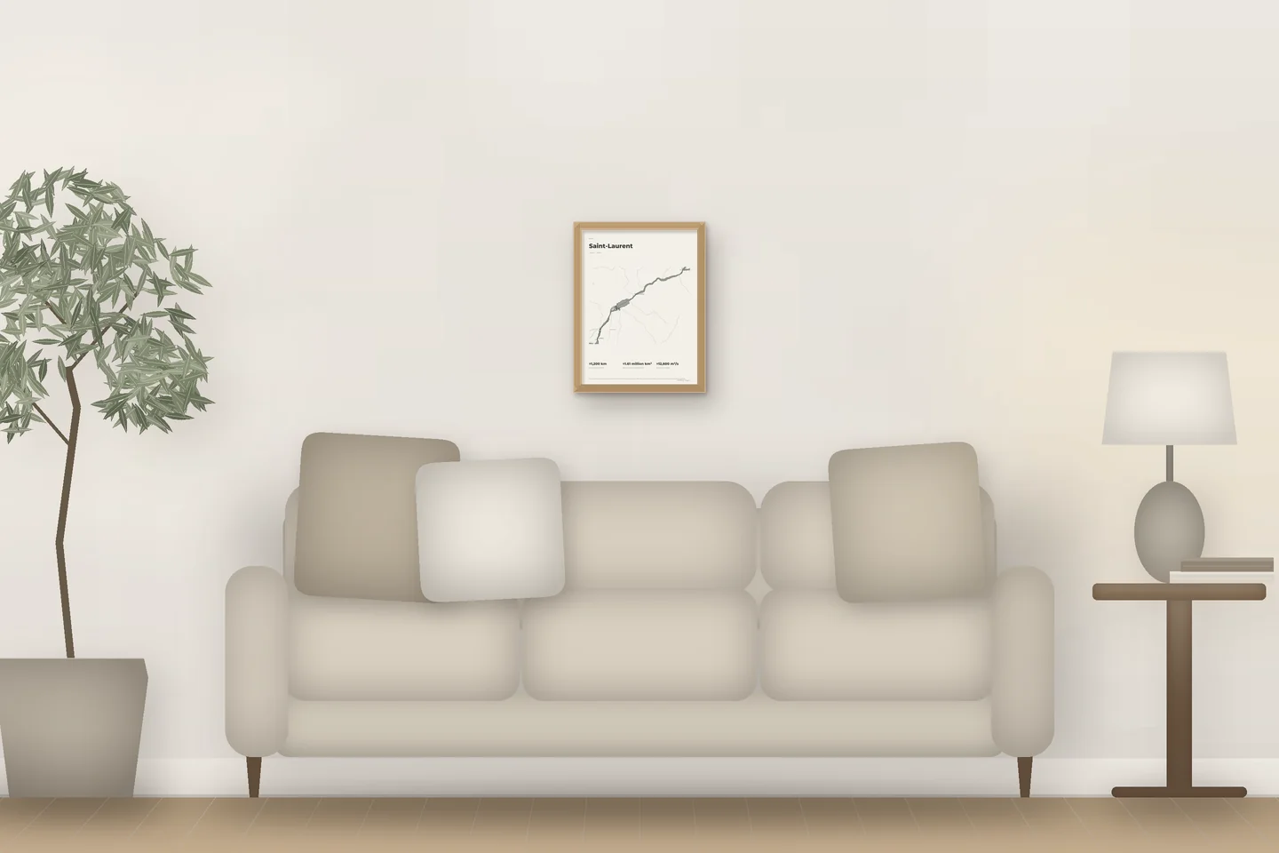 Saint-Laurent (12 × 16 po · Chêne naturel · Ivoire et graphite) au-dessus d’un canapé de salon — aperçu numérique illustratif, pas une photo
