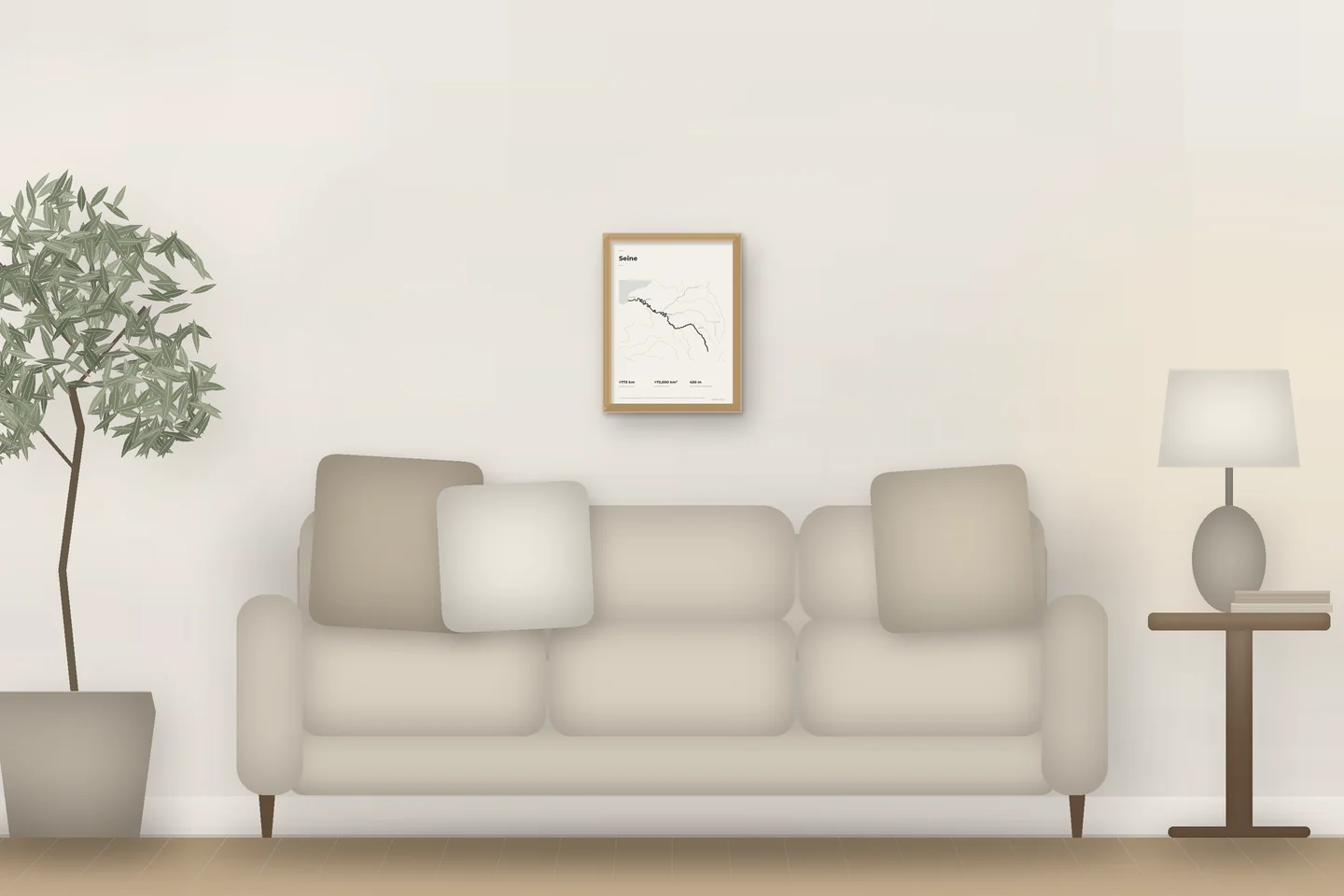 Seine (12 × 16 po · Chêne naturel · Ivoire et graphite) au-dessus d’un canapé de salon — aperçu numérique illustratif, pas une photo