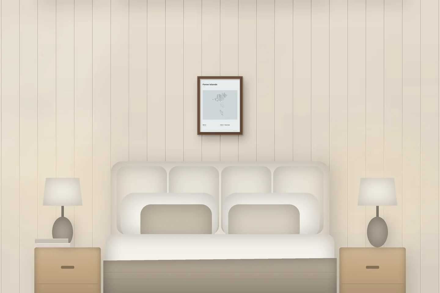 Îles Féroé (12 × 16 po · Chêne noyer · Brume et étain) au-dessus d’un lit, dans une chambre de chalet — aperçu numérique illustratif, pas une photo