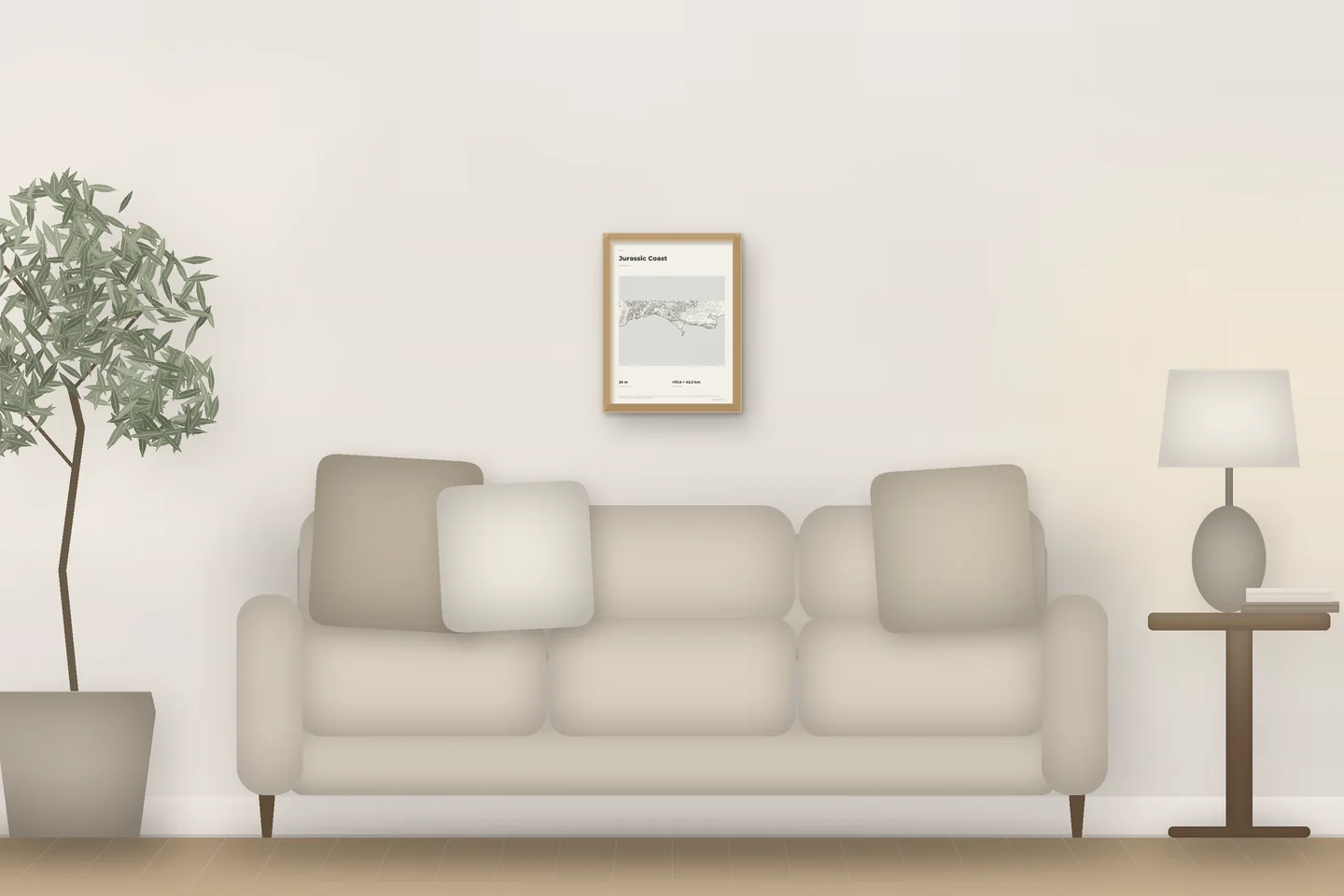 Jurassic Coast (12 × 16 in · Natural oak · Ivory & Graphite) above a living-room sofa — illustrative digital preview, not a photo