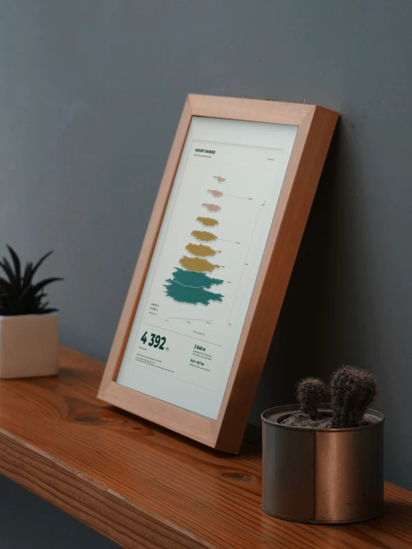 The Mount Rainier artwork digitally placed in a frame on a shelf beside plants. Framing and proportions are illustrative.