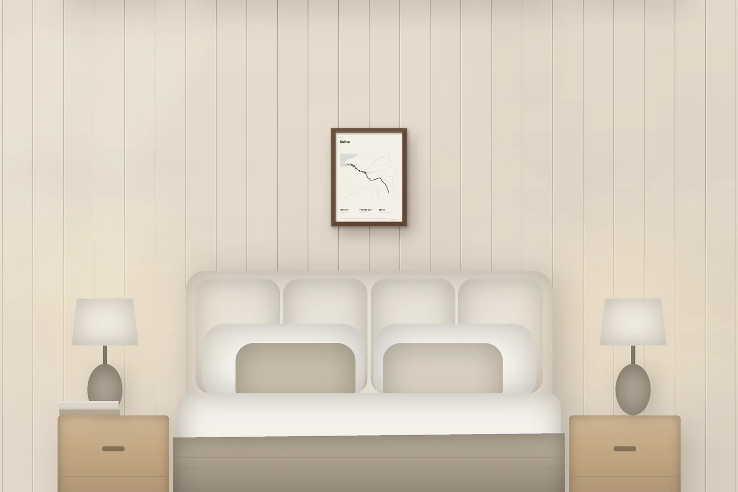 Seine (12 × 16 po · Chêne noyer · Ivoire et graphite) au-dessus d’un lit, dans une chambre de chalet — aperçu numérique illustratif, pas une photo