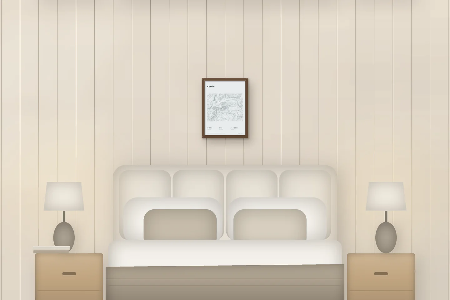 Matterhorn (12 × 16 in · Walnut oak · Mist & Pewter) above a bed in a chalet bedroom — illustrative digital preview, not a photo