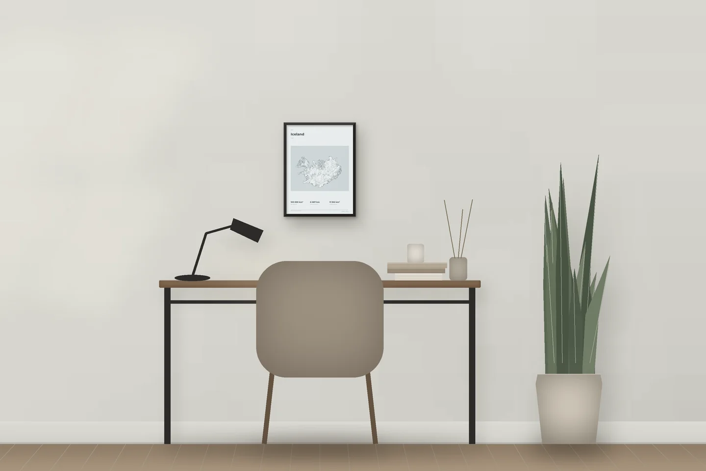 Islande (12 × 16 po · Métal noir · Brume et étain) au-dessus d’un bureau — aperçu numérique illustratif, pas une photo