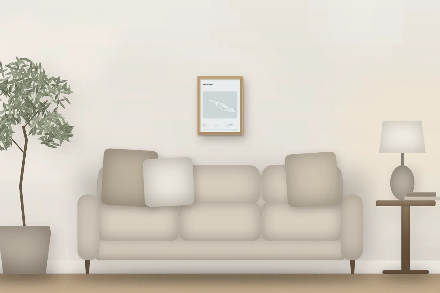 Anticosti (12 × 16 pulg · Roble natural · Bruma y estaño) sobre el sofá de un salón — vista previa digital ilustrativa, no es una foto