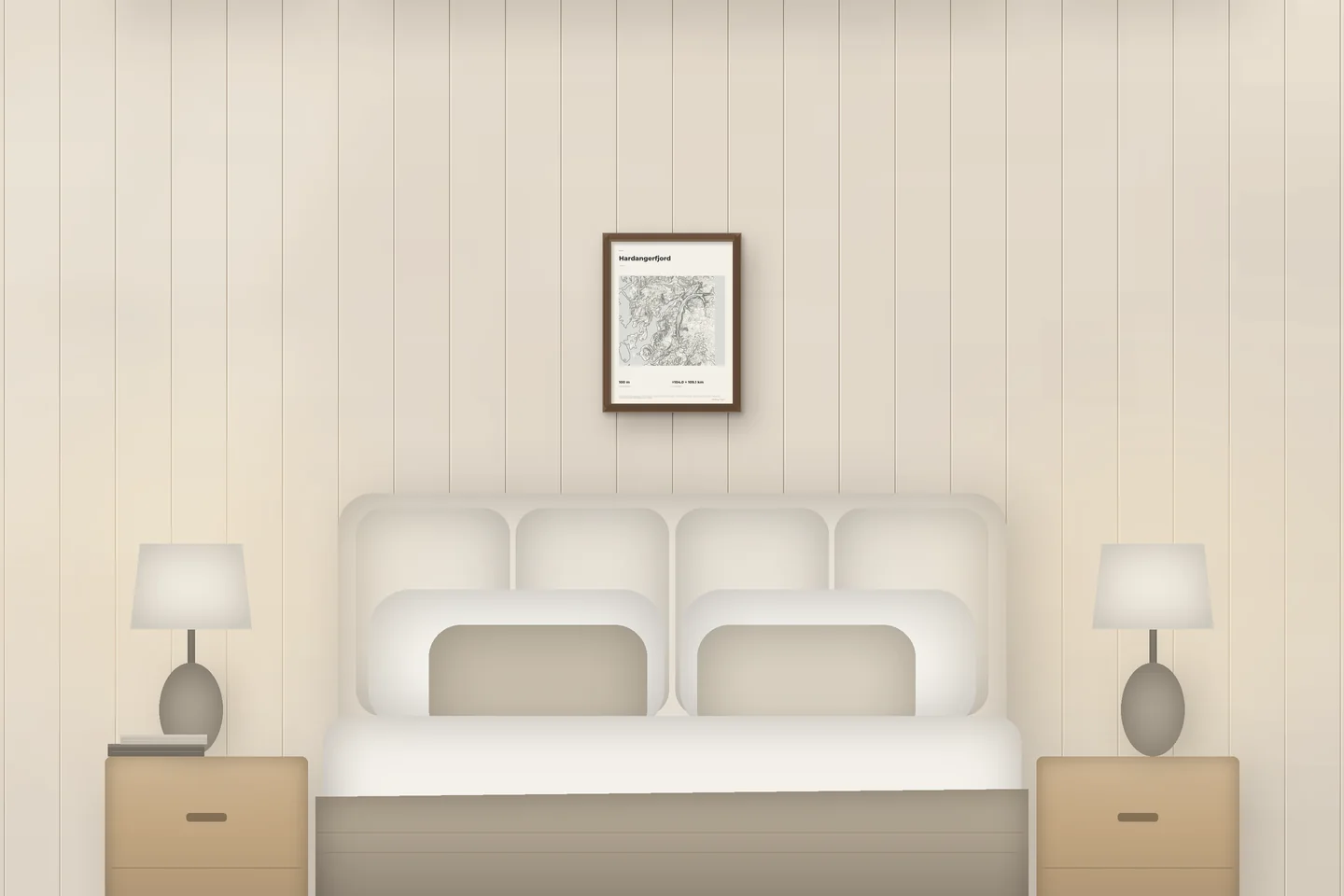 Hardangerfjord (12 × 16 po · Chêne noyer · Ivoire et graphite) au-dessus d’un lit, dans une chambre de chalet — aperçu numérique illustratif, pas une photo