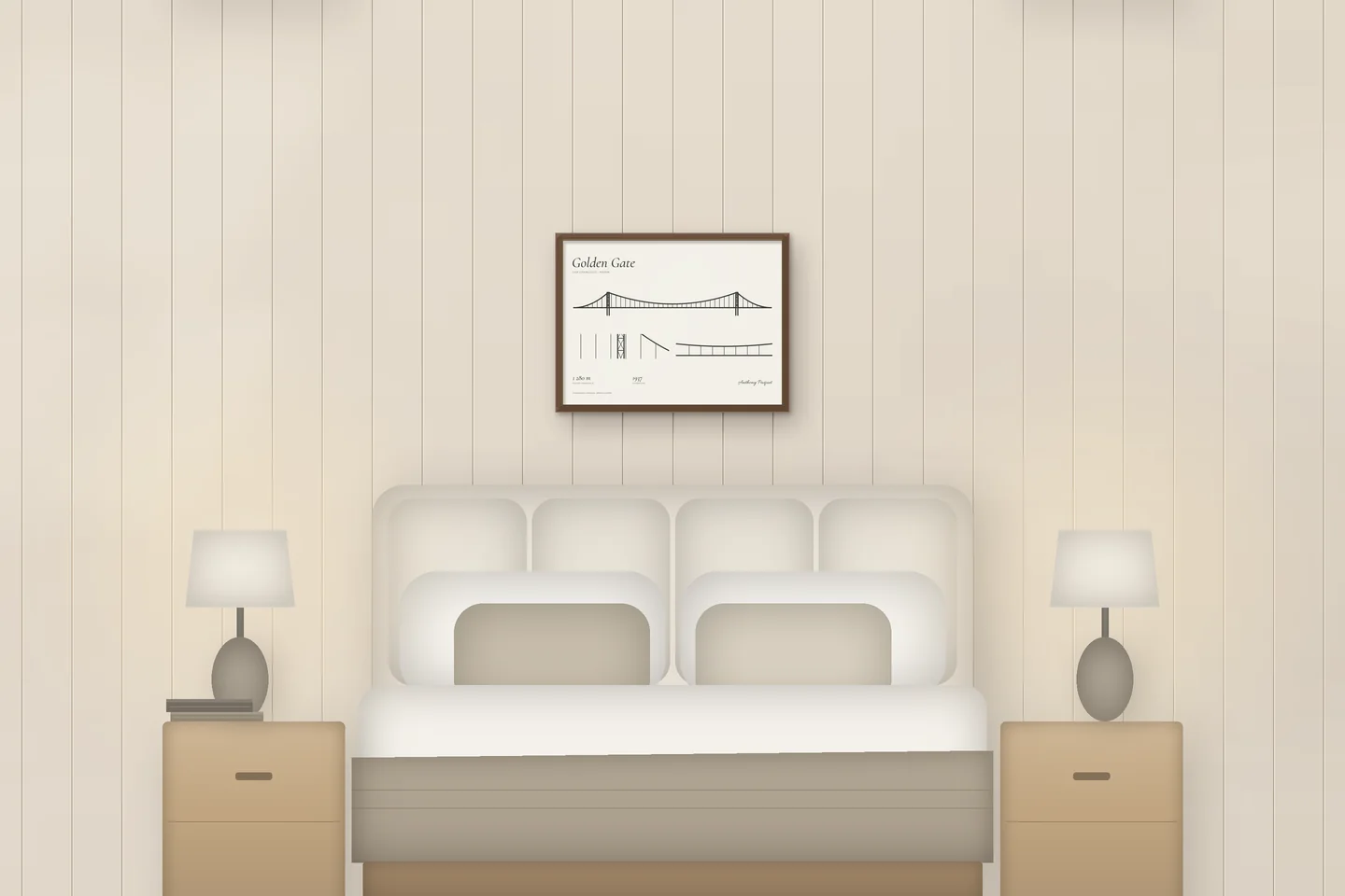 Golden Gate (24 × 18 po · Chêne noyer · Ivoire et graphite) au-dessus d’un lit, dans une chambre de chalet — aperçu numérique illustratif, pas une photo