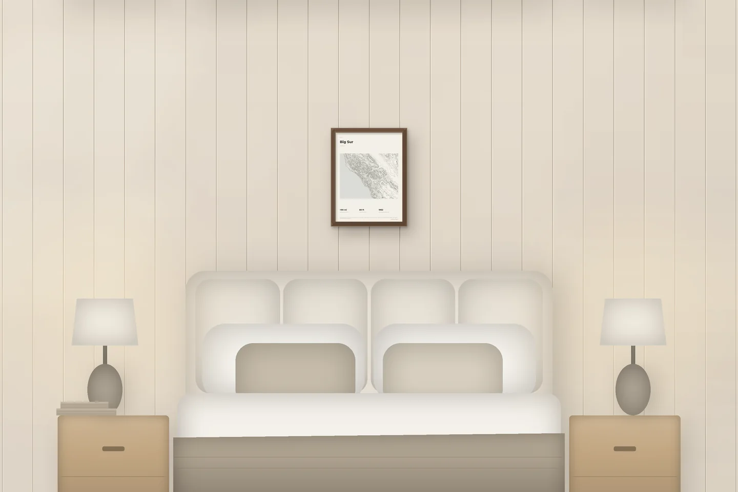 Big Sur (12 × 16 pulg · Roble tono nogal · Marfil y grafito) sobre una cama en un dormitorio de chalet — vista previa digital ilustrativa, no es una foto