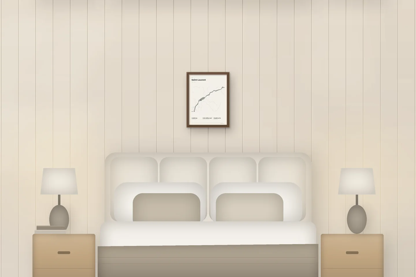 Saint-Laurent (12 × 16 po · Chêne noyer · Ivoire et graphite) au-dessus d’un lit, dans une chambre de chalet — aperçu numérique illustratif, pas une photo