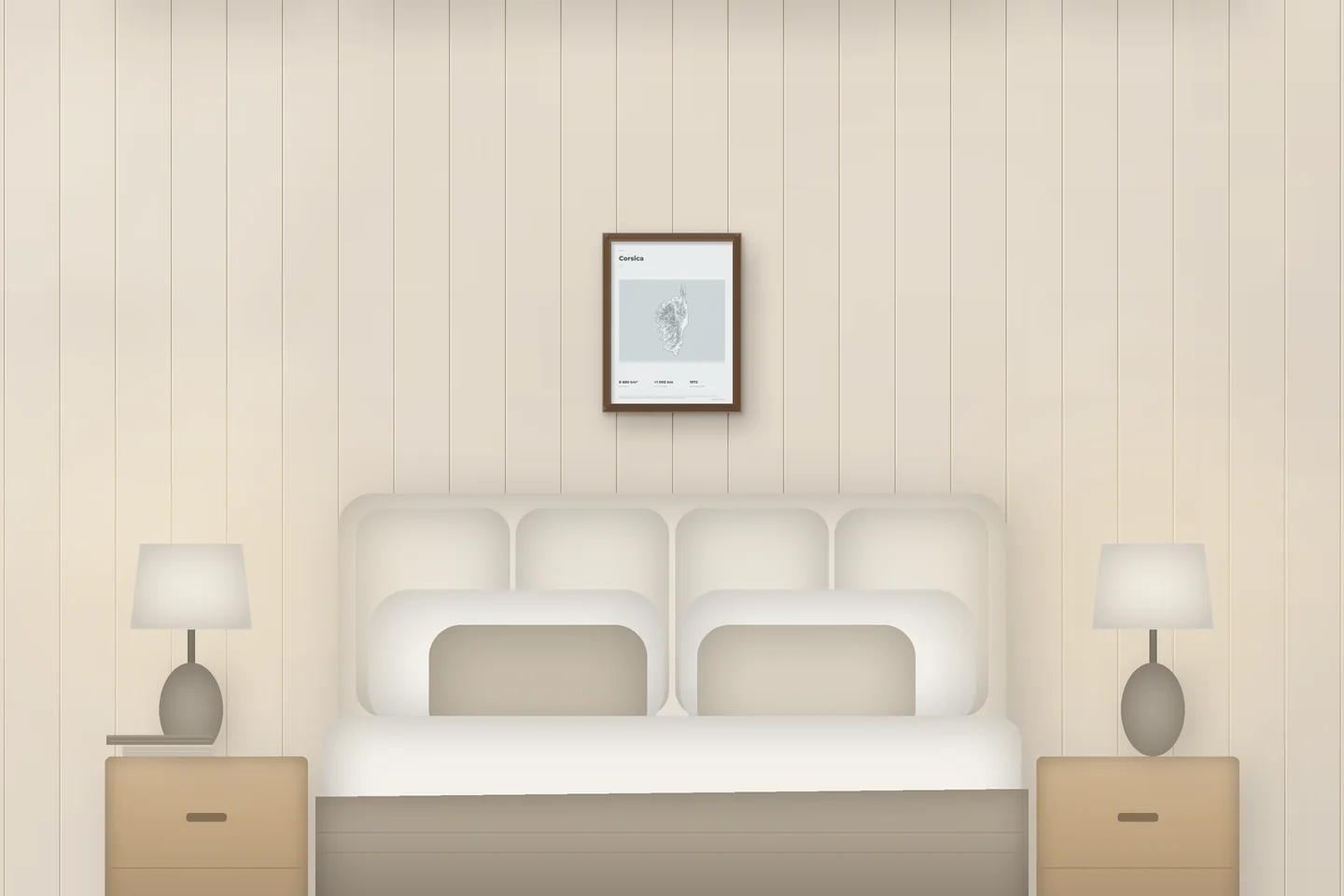 Corsica (12 × 16 in · Walnut oak · Mist & Pewter) above a bed in a chalet bedroom — illustrative digital preview, not a photo