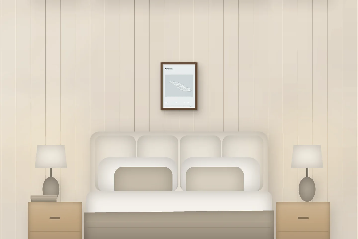Anticosti (12 × 16 pulg · Roble tono nogal · Bruma y estaño) sobre una cama en un dormitorio de chalet — vista previa digital ilustrativa, no es una foto