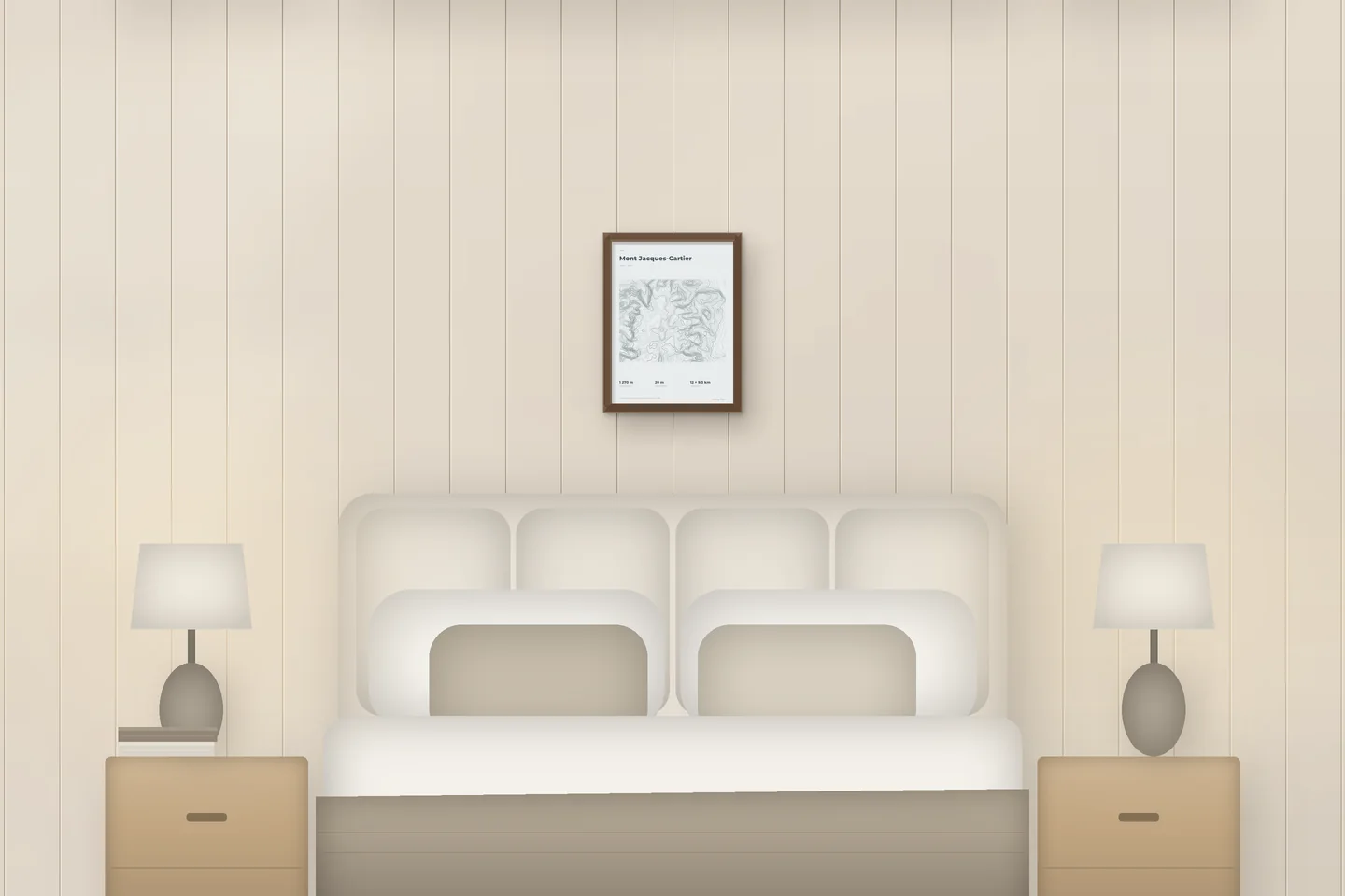 Mont Jacques-Cartier (12 × 16 po · Chêne noyer · Brume et étain) au-dessus d’un lit, dans une chambre de chalet — aperçu numérique illustratif, pas une photo