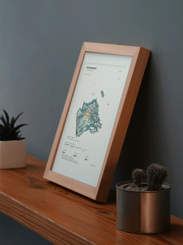 Œuvre San Francisco intégrée numériquement dans un cadre, sur une tablette auprès de plantes. Encadrement et proportions indicatifs.