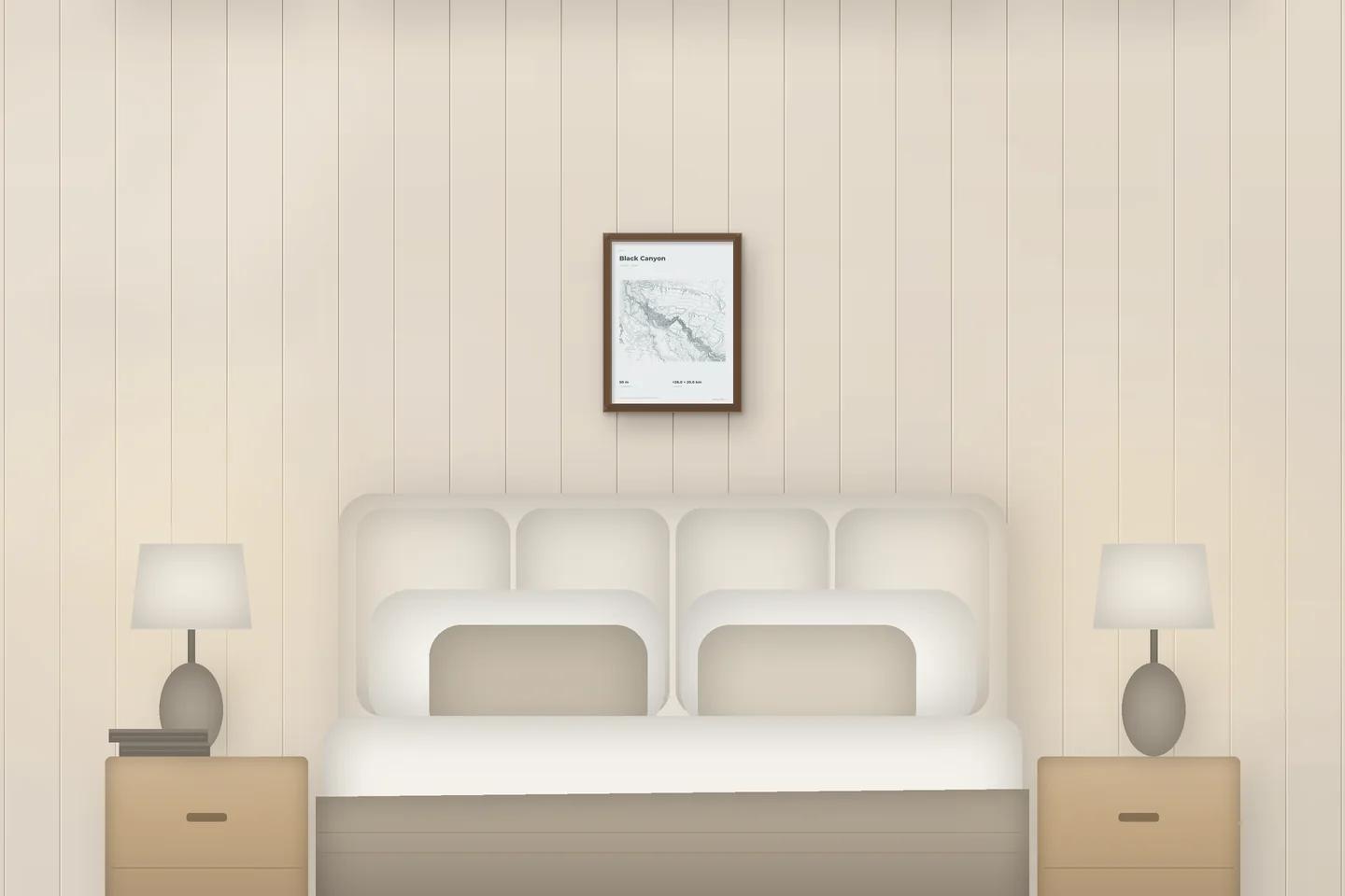 Black Canyon (12 × 16 po · Chêne noyer · Brume et étain) au-dessus d’un lit, dans une chambre de chalet — aperçu numérique illustratif, pas une photo