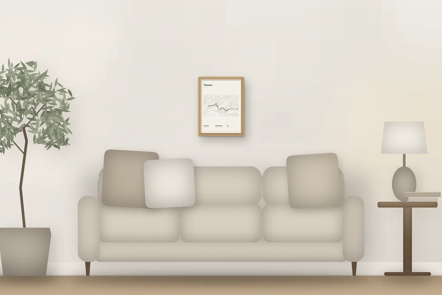 Támesis (12 × 16 pulg · Roble natural · Marfil y grafito) sobre el sofá de un salón — vista previa digital ilustrativa, no es una foto
