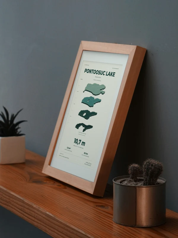 Œuvre Pontoosuc Lake intégrée numériquement dans un cadre, sur une tablette auprès de plantes. Encadrement et proportions indicatifs.