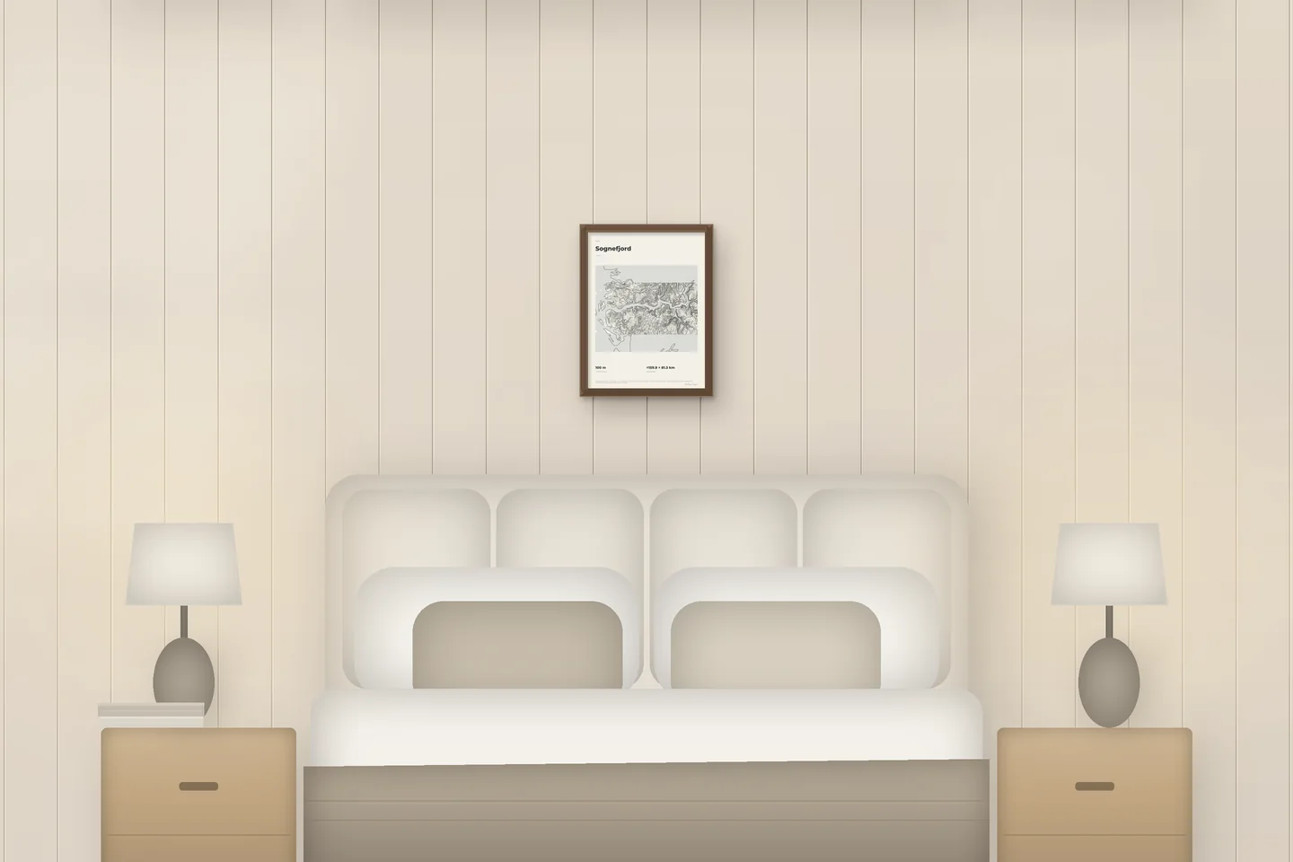 Sognefjord (12 × 16 in · Walnut oak · Ivory & Graphite) above a bed in a chalet bedroom — illustrative digital preview, not a photo
