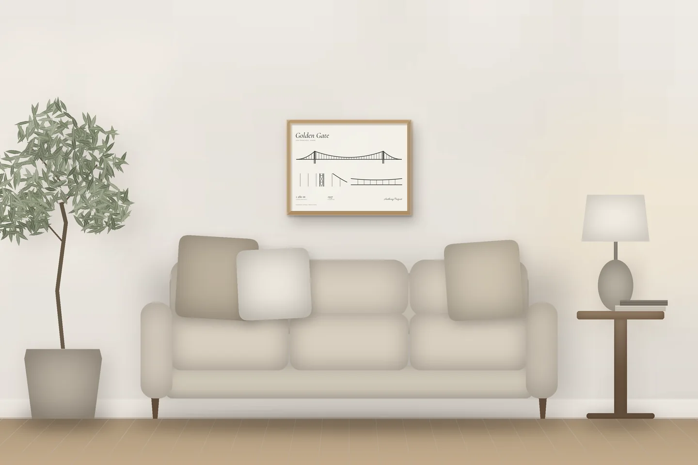 Golden Gate (24 × 18 po · Chêne naturel · Ivoire et graphite) au-dessus d’un canapé de salon — aperçu numérique illustratif, pas une photo