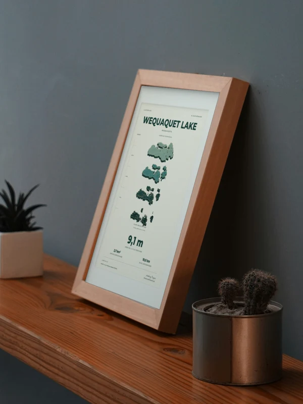 Œuvre Wequaquet Lake intégrée numériquement dans un cadre, sur une tablette auprès de plantes. Encadrement et proportions indicatifs.
