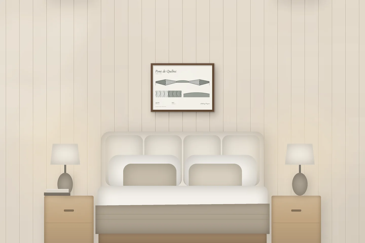 Puente de Québec (24 × 18 pulg · Roble tono nogal · Marfil y grafito) sobre una cama en un dormitorio de chalet — vista previa digital ilustrativa, no es una foto