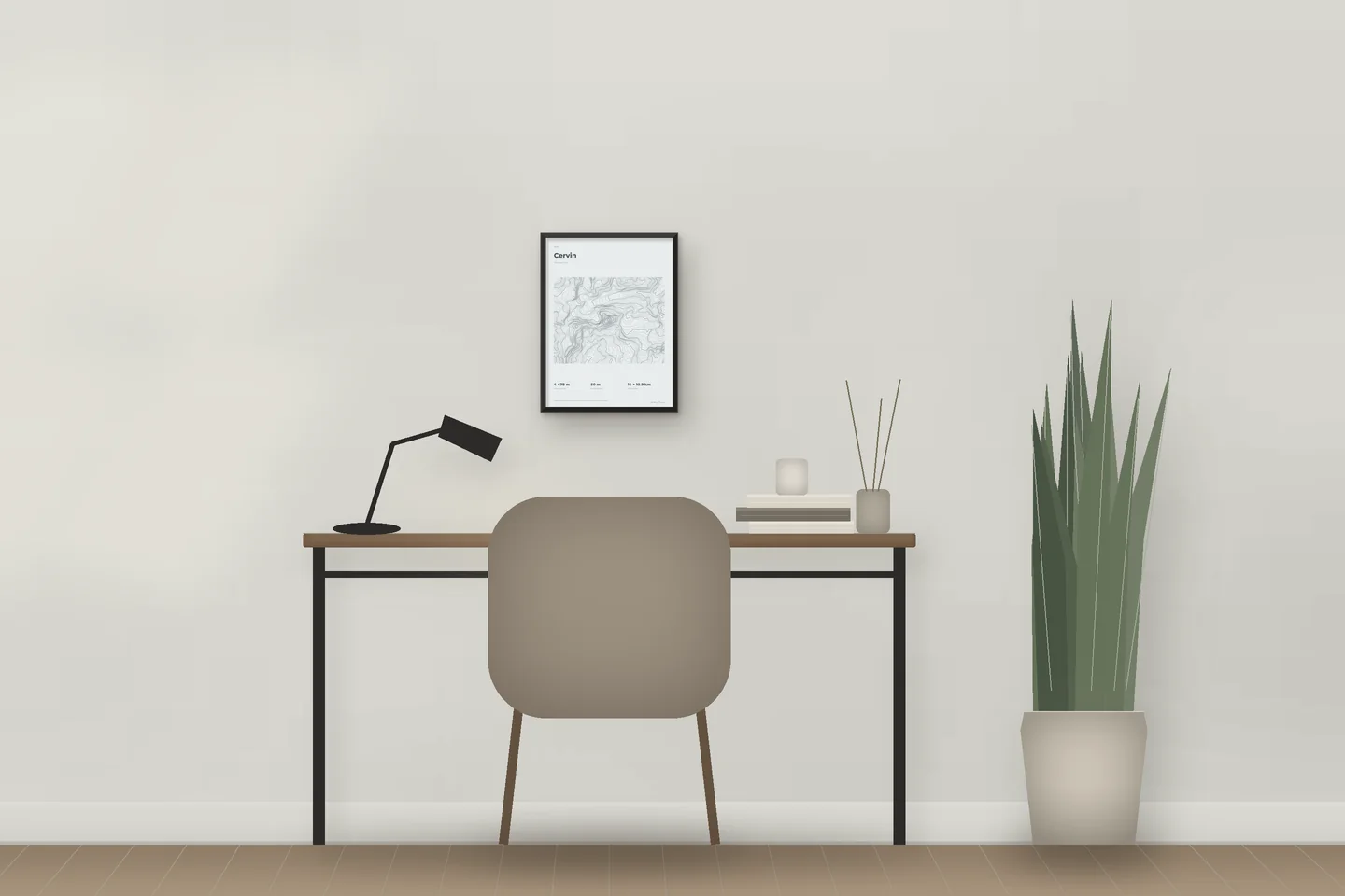 Matterhorn (12 × 16 in · Black metal · Mist & Pewter) above a desk in a home office — illustrative digital preview, not a photo