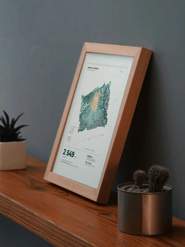 Œuvre Mont St. Helens intégrée numériquement dans un cadre, sur une tablette auprès de plantes. Encadrement et proportions indicatifs.
