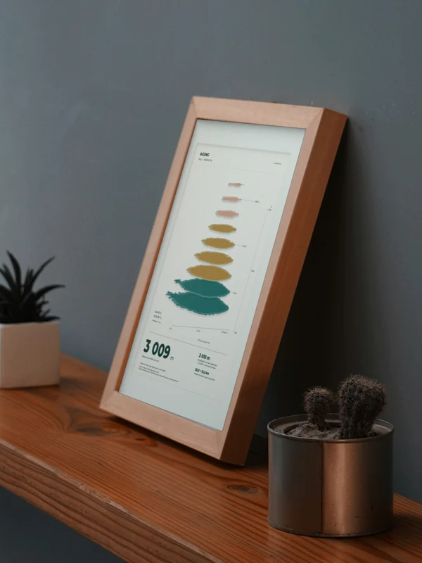 La obra Agung integrada digitalmente en un marco, sobre una repisa junto a plantas. El marco y las proporciones son ilustrativos.