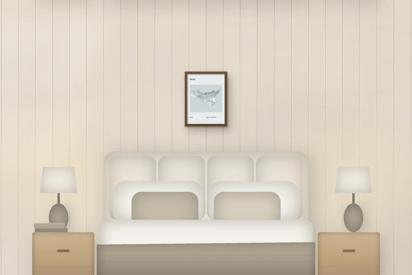 Sicilia (12 × 16 pulg · Roble tono nogal · Bruma y estaño) sobre una cama en un dormitorio de chalet — vista previa digital ilustrativa, no es una foto