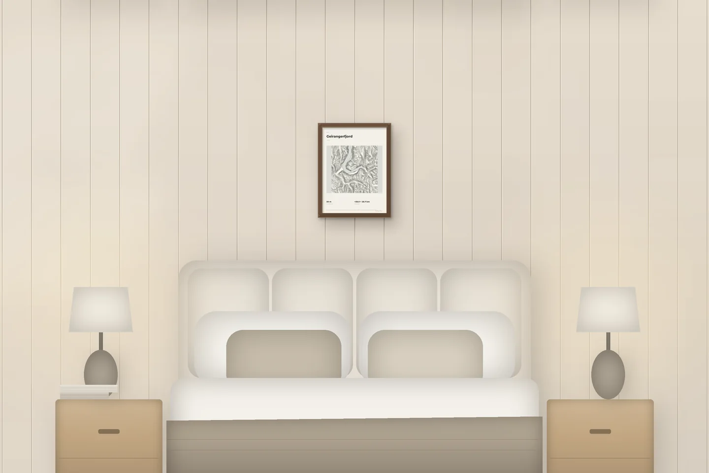 Fiordo de Geiranger (12 × 16 pulg · Roble tono nogal · Marfil y grafito) sobre una cama en un dormitorio de chalet — vista previa digital ilustrativa, no es una foto