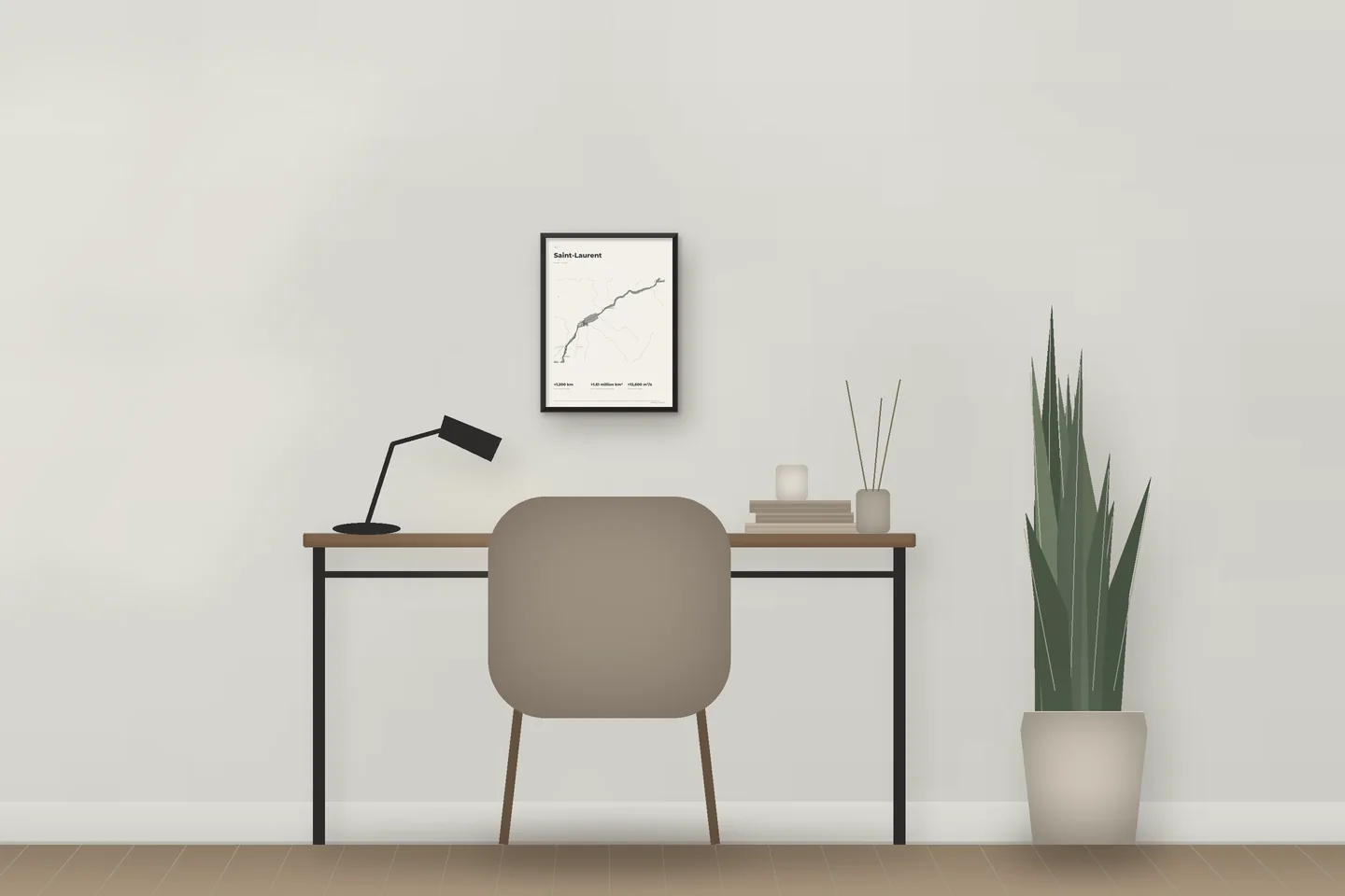 Saint-Laurent (12 × 16 po · Métal noir · Ivoire et graphite) au-dessus d’un bureau — aperçu numérique illustratif, pas une photo