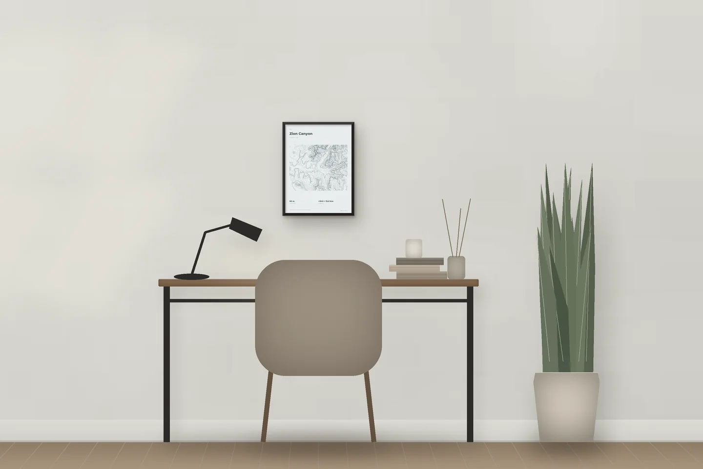 Zion Canyon (12 × 16 in · Black metal · Mist & Pewter) above a desk in a home office — illustrative digital preview, not a photo