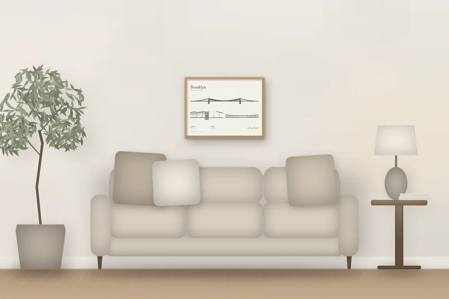 Puente de Brooklyn (24 × 18 pulg · Roble natural · Marfil y grafito) sobre el sofá de un salón — vista previa digital ilustrativa, no es una foto