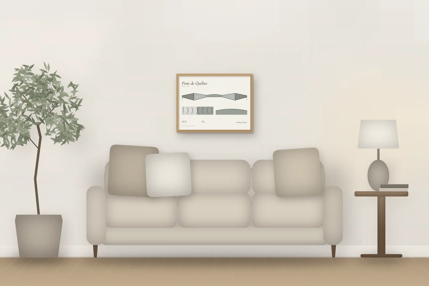 Puente de Québec (24 × 18 pulg · Roble natural · Marfil y grafito) sobre el sofá de un salón — vista previa digital ilustrativa, no es una foto