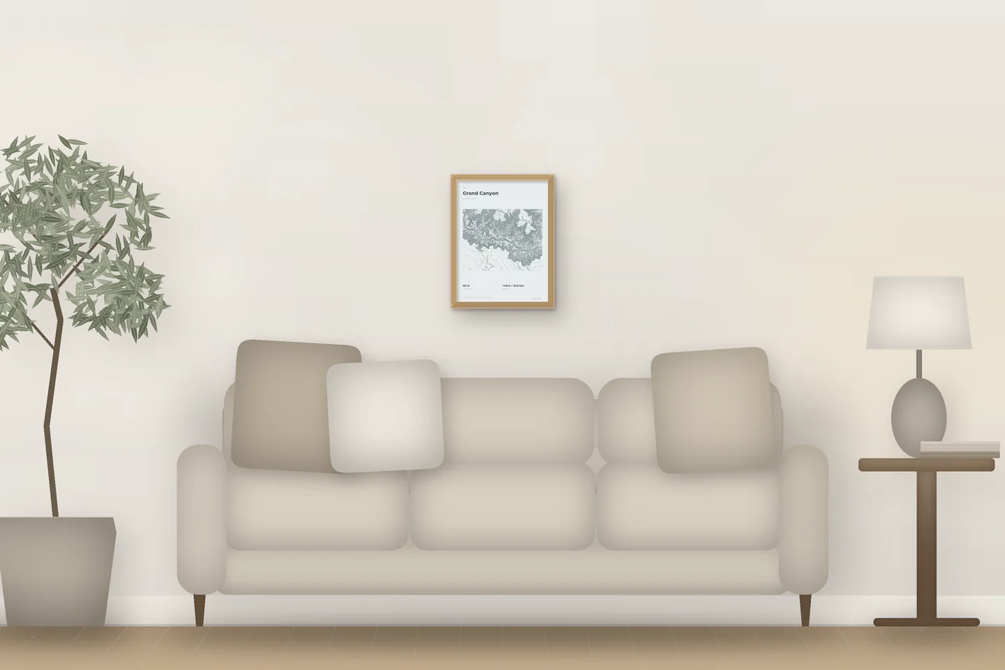 Gran Cañón (12 × 16 pulg · Roble natural · Bruma y estaño) sobre el sofá de un salón — vista previa digital ilustrativa, no es una foto