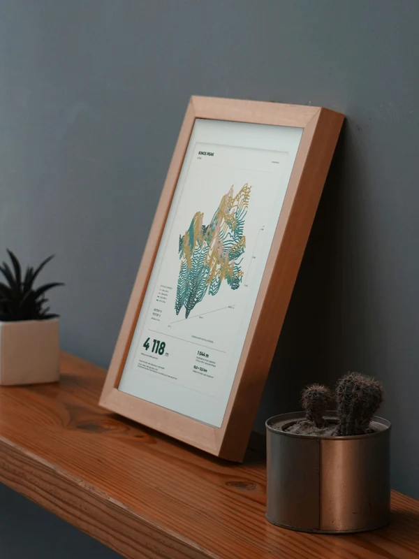 Œuvre Kings Peak intégrée numériquement dans un cadre, sur une tablette auprès de plantes. Encadrement et proportions indicatifs.