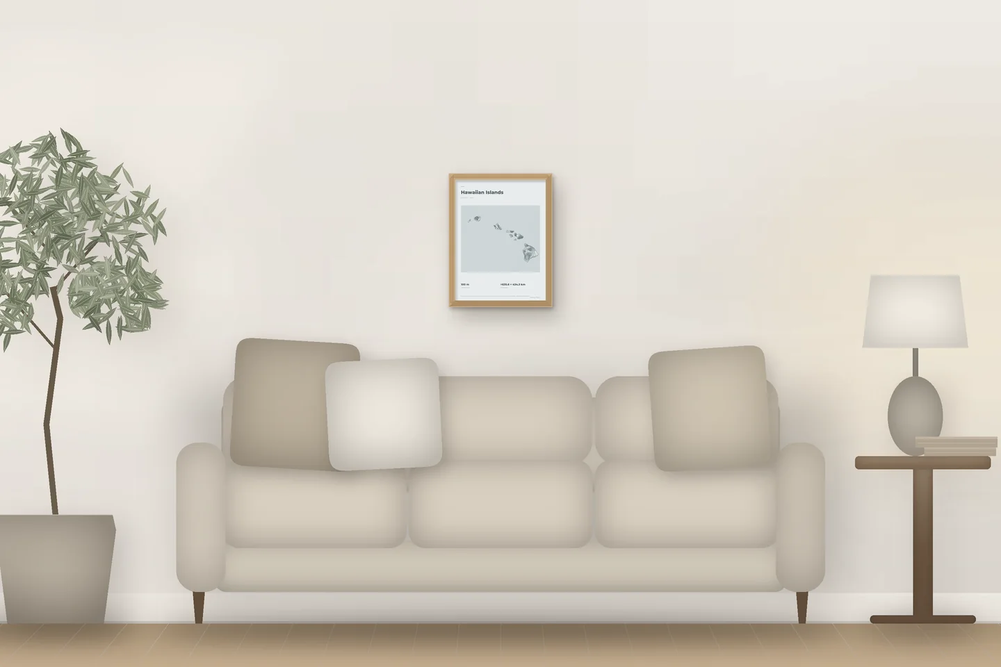 Hawaiian Islands (12 × 16 in · Natural oak · Mist & Pewter) above a living-room sofa — illustrative digital preview, not a photo