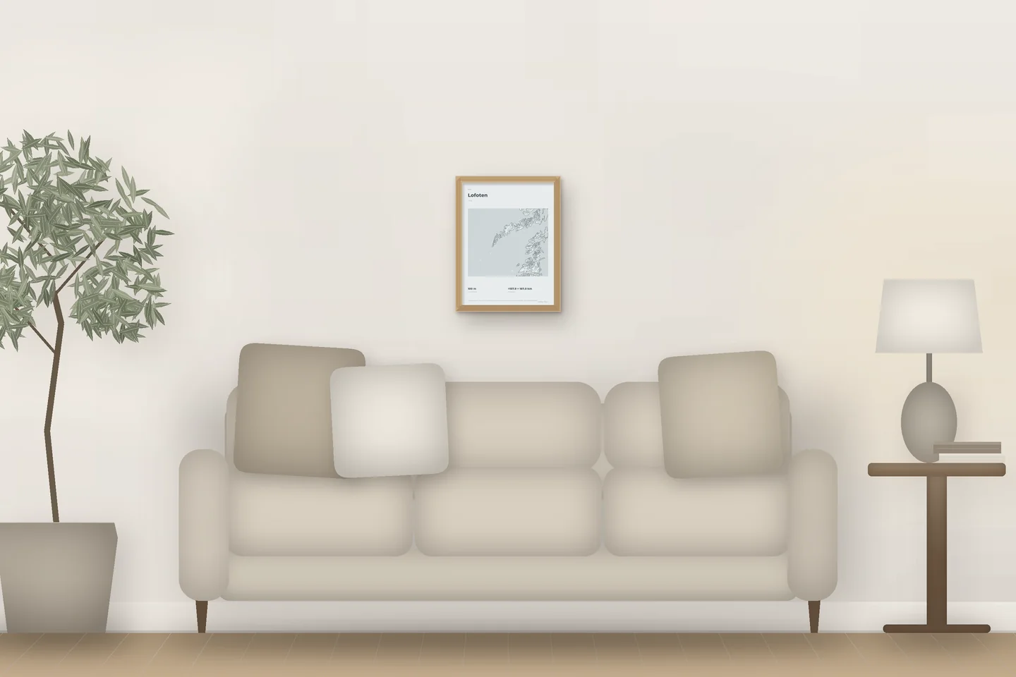Lofoten (12 × 16 po · Chêne naturel · Brume et étain) au-dessus d’un canapé de salon — aperçu numérique illustratif, pas une photo
