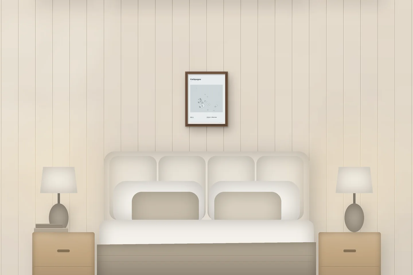 Galápagos (12 × 16 pulg · Roble tono nogal · Bruma y estaño) sobre una cama en un dormitorio de chalet — vista previa digital ilustrativa, no es una foto