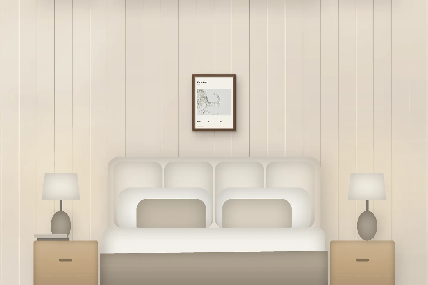 Cape Cod (12 × 16 pulg · Roble tono nogal · Marfil y grafito) sobre una cama en un dormitorio de chalet — vista previa digital ilustrativa, no es una foto