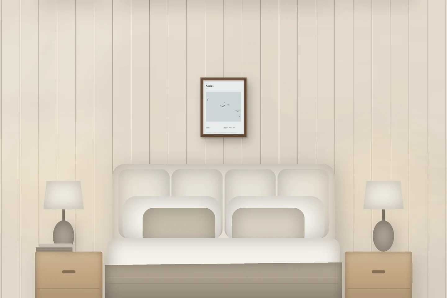 Açores (12 × 16 po · Chêne noyer · Brume et étain) au-dessus d’un lit, dans une chambre de chalet — aperçu numérique illustratif, pas une photo