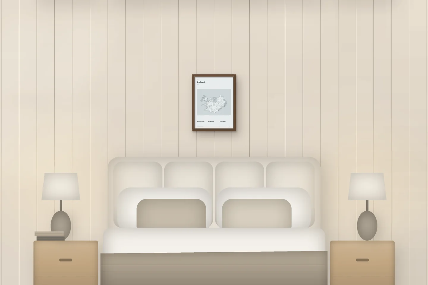 Islande (12 × 16 po · Chêne noyer · Brume et étain) au-dessus d’un lit, dans une chambre de chalet — aperçu numérique illustratif, pas une photo