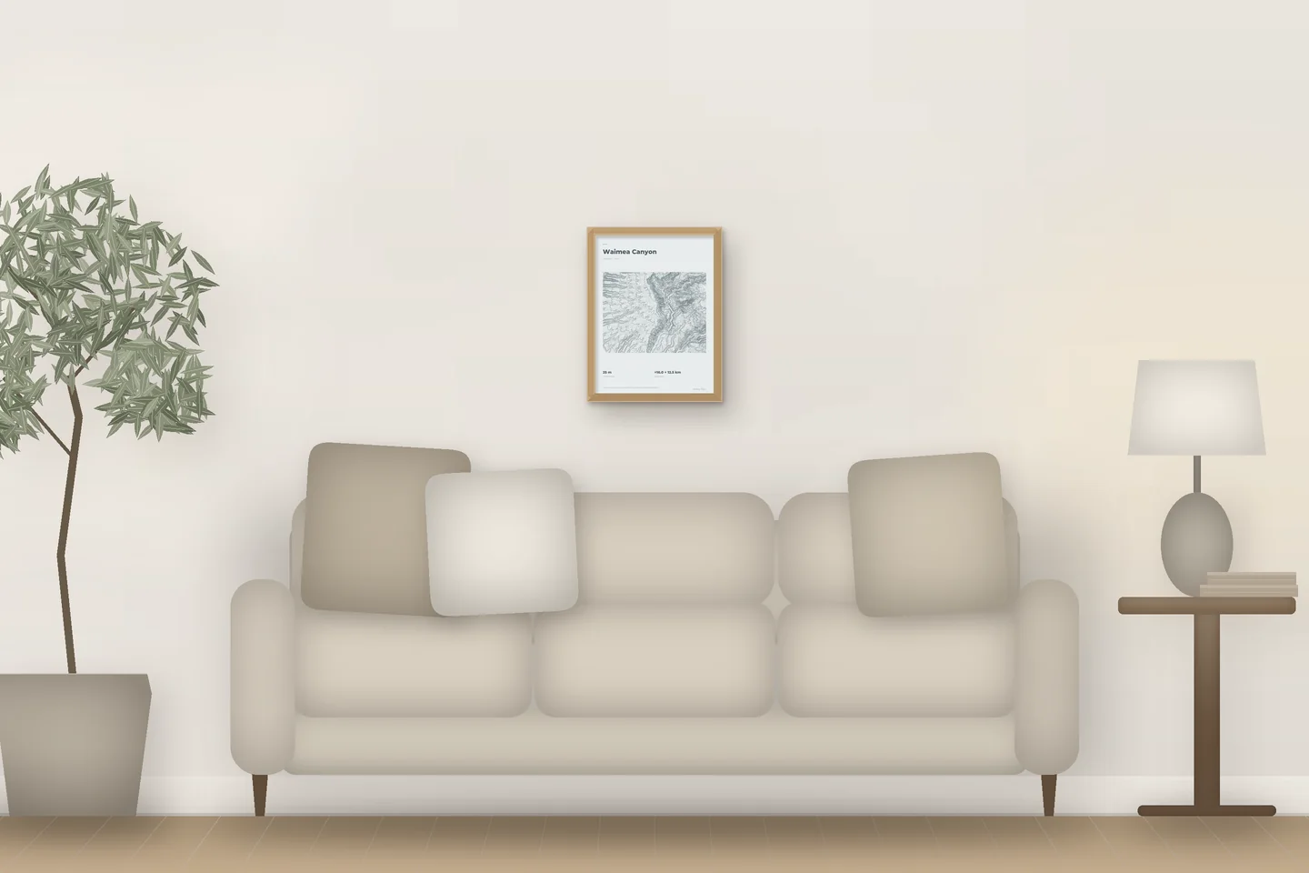 Cañón de Waimea (12 × 16 pulg · Roble natural · Bruma y estaño) sobre el sofá de un salón — vista previa digital ilustrativa, no es una foto