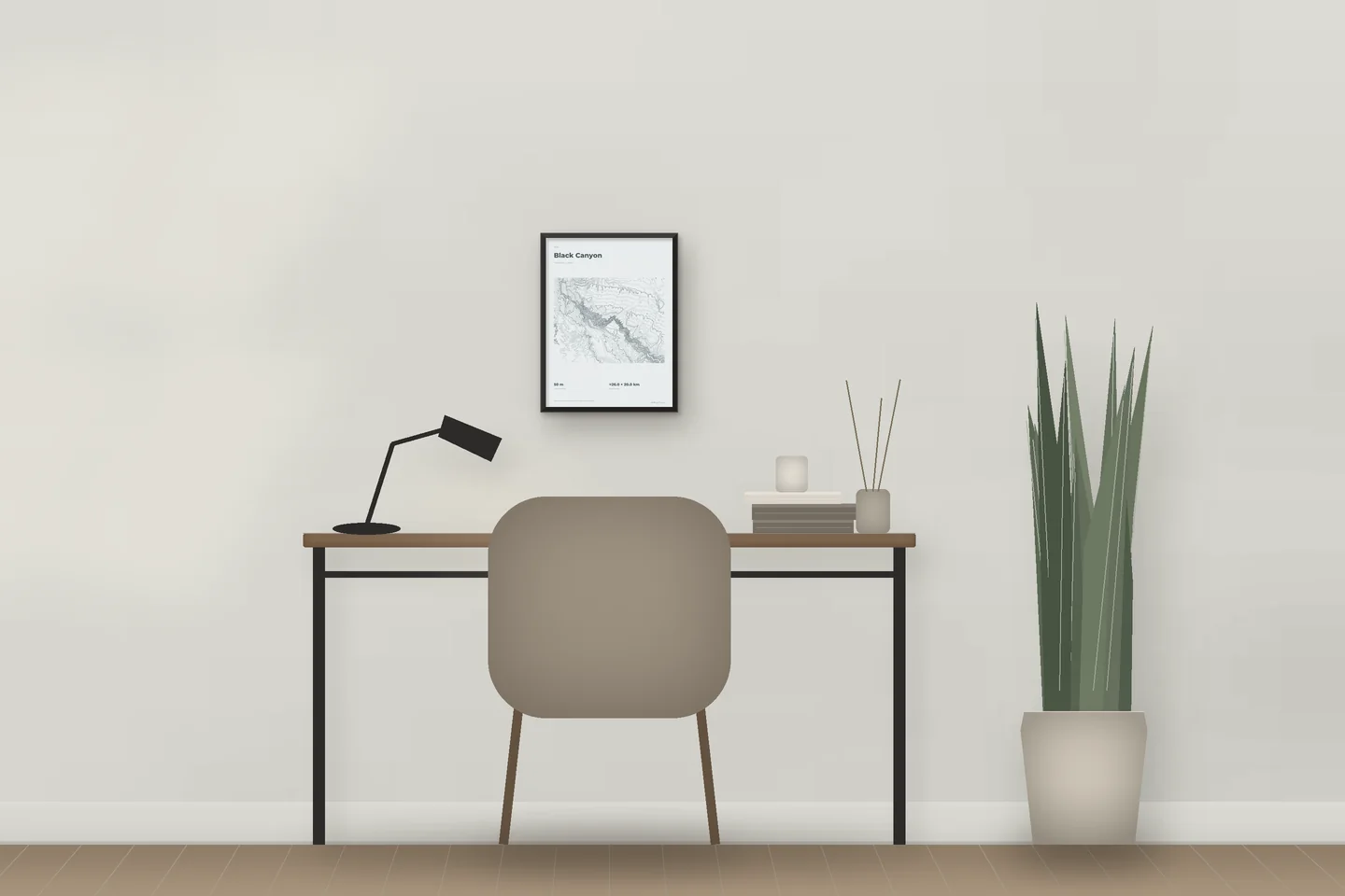 Black Canyon (12 × 16 po · Métal noir · Brume et étain) au-dessus d’un bureau — aperçu numérique illustratif, pas une photo
