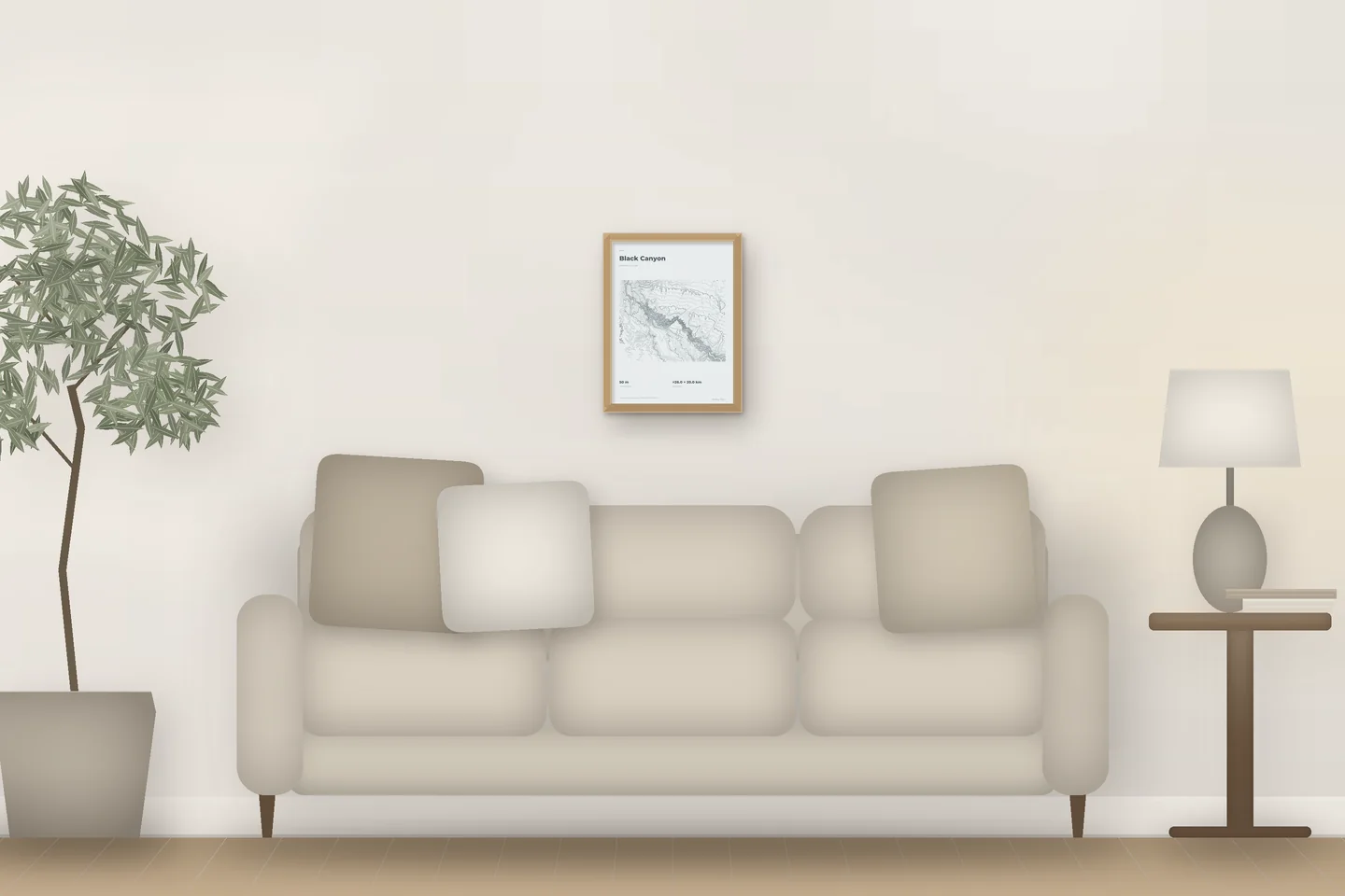 Black Canyon (12 × 16 po · Chêne naturel · Brume et étain) au-dessus d’un canapé de salon — aperçu numérique illustratif, pas une photo
