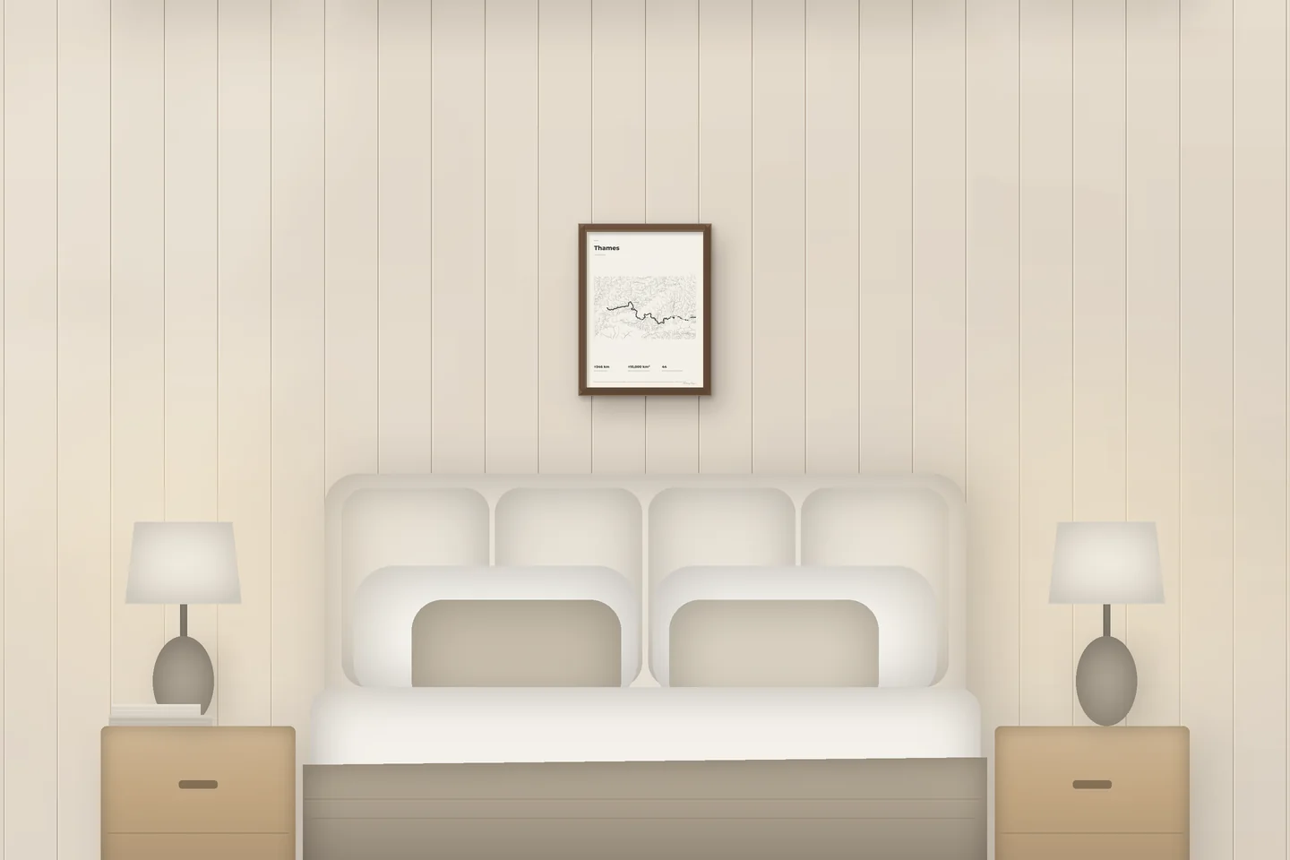 Támesis (12 × 16 pulg · Roble tono nogal · Marfil y grafito) sobre una cama en un dormitorio de chalet — vista previa digital ilustrativa, no es una foto